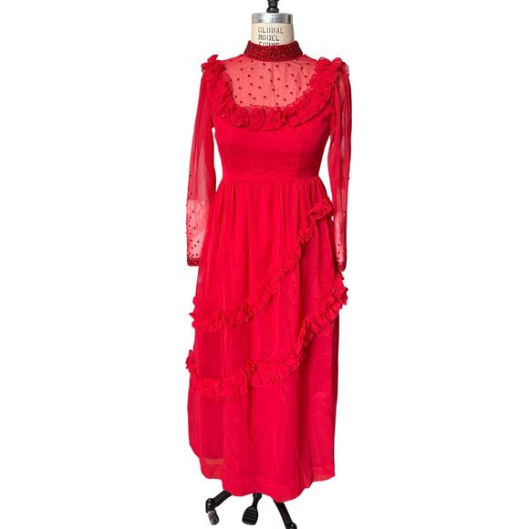 Vintage Red Ruffle & Crystal Embellished Long Sheer Dress Size Small - Picture 1 of 6